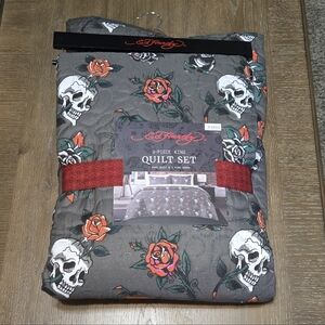 Grey KING Ed Hardy 3 Pc Quilt Set Y2K Tattoo Flash Comforter Blanket